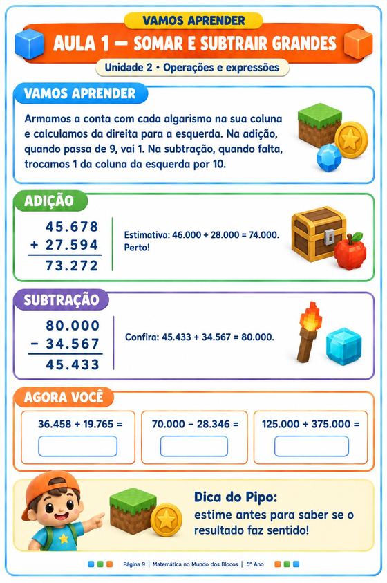 5º ano: aula de somar e subtrair grandes números