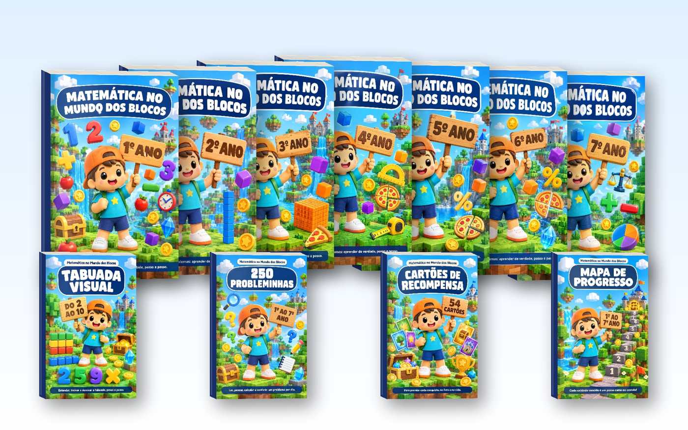 Os sete livros Matemática no Mundo dos Blocos com os materiais extras
