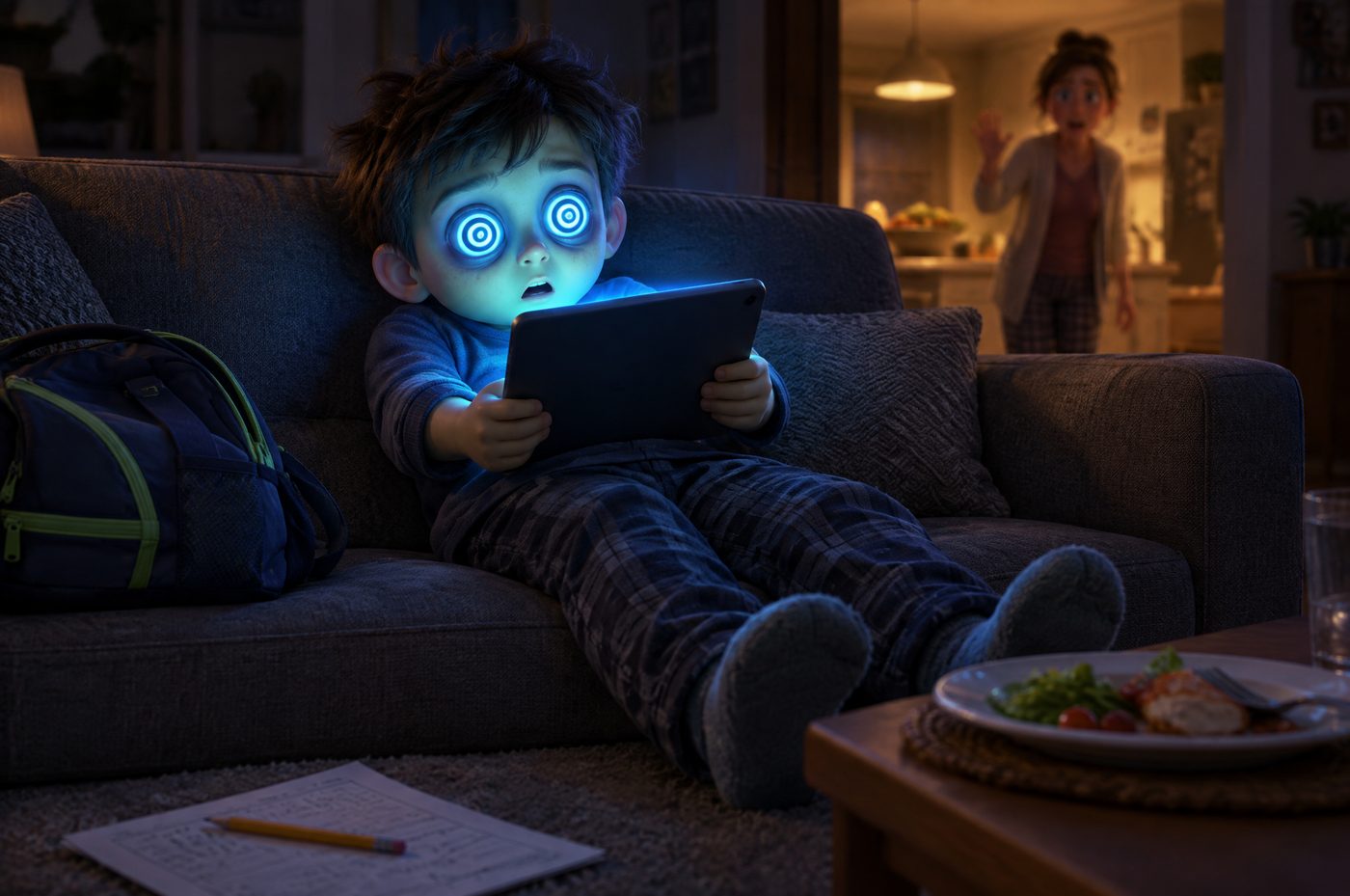 Ilustração de um menino no sofá com olhos em espiral hipnotizados, iluminado pelo tablet, enquanto a mãe chama da cozinha